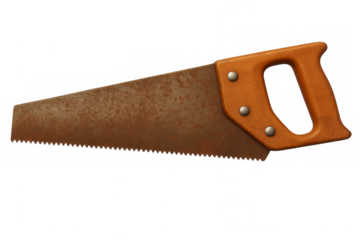 Rusty old hand saw with orange handle