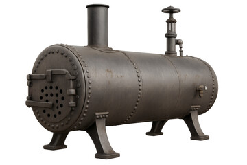 Vintage industrial steam boiler machine on transparent background