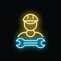 Neon sign depicting a construction worker holding a wrench, symbolizing labor and industry