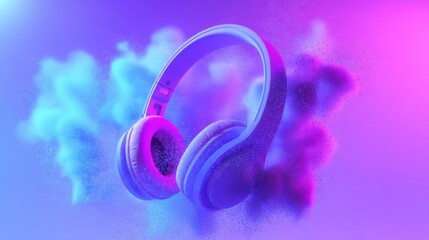 A pair of headphones showcased against an abstract backdrop with vibrant blue and purple tones,