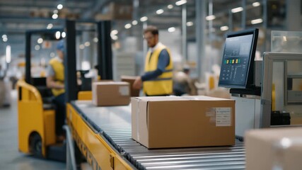 Workers monitor a robotic packing system in a warehouse, with boxes sealing, conveyors humming, a digital dashboard updating, and a forklift waiting nearby, captured in a logistical photo with box - Powered by Adobe