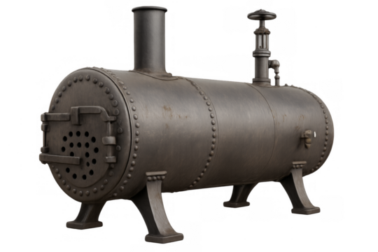 Vintage industrial steam boiler machine on transparent background