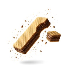Broken chocolate wafer bar with crumbs isolated on white background
