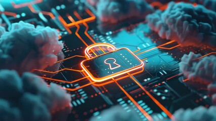 A futuristic digital fortress with a central lock symbolizing cybersecurity amidst a sea of clouds. A high-tech that represents the security and protection of data in cloud computing. - Powered by Adobe
