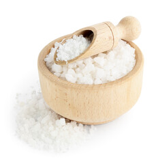 Sea salt in bowl and scoop isolated on white