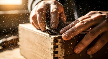 Close-up of skilled hands meticulously sanding a handmade wooden box, with glowing sawdust in warm light, showcasing fine craftsmanship.