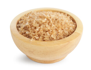 Sea salt in wooden bowl isolated on white