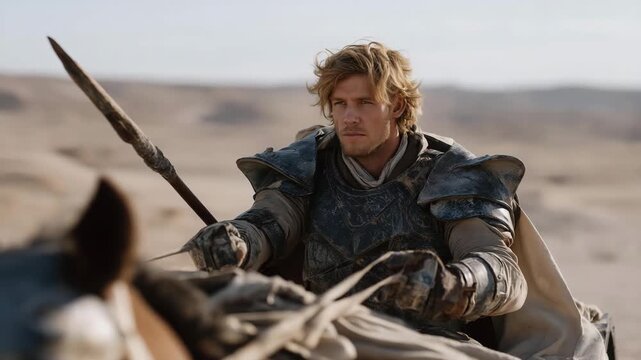 A man, his armor dented, stands on a chariot, its wheels creaking. A spear rests in his hand, its shaft worn. Horses snort, their manes tangled. A dusty plain stretches, its surface cracked. The