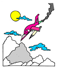 Hand Drawn Retro Pink Jet Plane Crashing over Mountains with Smoke Trail Cartoon Concept of Failure and Emergency Y2K Aesthetic Retro 90s Clip Art Style