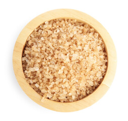 Sea salt in wooden bowl isolated on white, top view