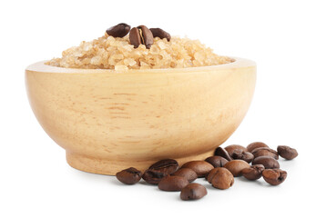 Sea salt in bowl and coffee beans isolated on white