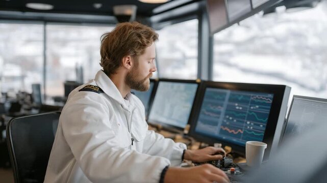 A technician monitors a silo&rsquo;s temperature in a control room, with gauges ticking, screens displaying data, a coffee mug cooling, and a window showing a snowy field, shown in a high-tech photo with