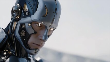 AI-generated close-up of humanoid android with metallic skin, luminous expressive eyes, and intricate facial mechanisms, highlighting cybernetic realism, advanced robotics, and futuristic - Powered by Adobe