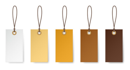 Set of white, ivory, beige, and brown rectangular price tags. Luggage tag. Cardboard label for clothes.	