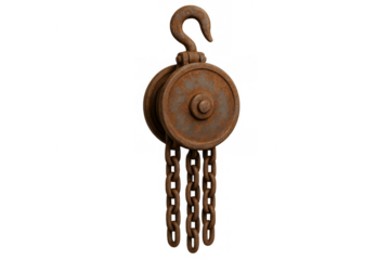 Rusty old industrial pulley block with chain