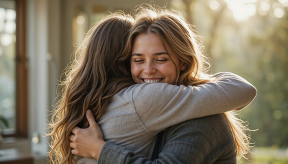 Two women hugging each other, smiling happily outside.
