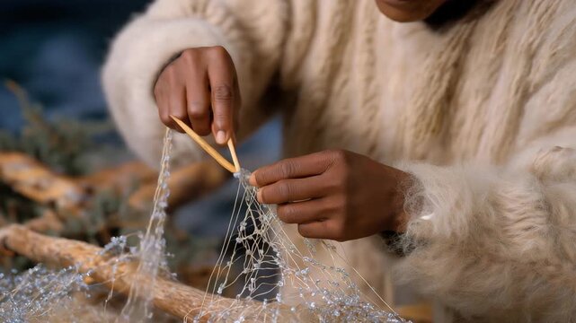 An Inuit elder, their hands steady, weaves a net, its fibers knotted, by a frozen shore. A sealskin mat, its surface taut, cushions the ground. A bone needle, its tip sharp, stitches the net. Ice