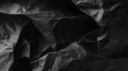 Abstract monochromatic composition featuring prominently textured crumpled paper with intricate folds and shadows,