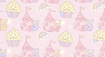 Charming Kawaii Pastel Pink Castle and Cupcake Seamless Pattern Design Featuring Adorable Gummy Bears and Sparkling Rainbow Accents, Ideal for