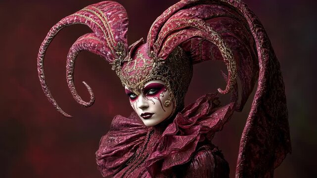 Mysterious woman in elaborate Venetian carnival costume and mask, dramatic lighting.