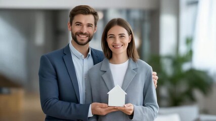 Insurance advisor presenting holographic digital policy to young couple planning first home, symbolizing property coverage, financial stability, and modern insurance solutions for new homeowners. - Powered by Adobe