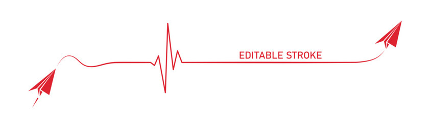 Abstract paper plane origami airplane, editable stroke ekg shape route, healthy heart vector. Creative medical science concept design to use for cardiology, healthcare business, love concept projects.