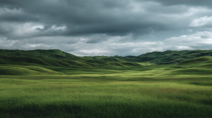 Obraz premium Atmospheric Meadow Landscape with Gentle Hills and Dramatic Skies offers a sense of serenity and natural wonder featuring rolling green terrain under cloudy weather, a nature scene