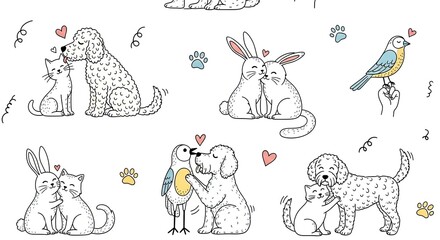 Fototapeta premium Charming Hand-Drawn Doodles of Affectionate Dogs and Birds in a Whimsical Pattern Ideal for Children's Textile Design and Wrapping Paper Applications