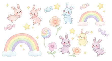 Obraz premium Charming collection of kawaii watercolor bunnies with whimsical rainbows candy stars and delicate flowers set against a clean white background