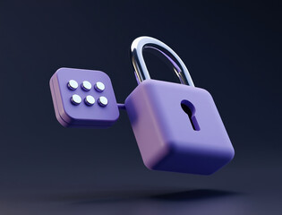 3D rendered open padlock with keyhole and braille code panel, information security concept