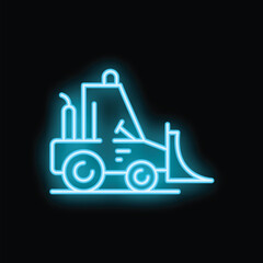 Vibrant blue neon sign depicting a bulldozer, glowing brightly against a dark background