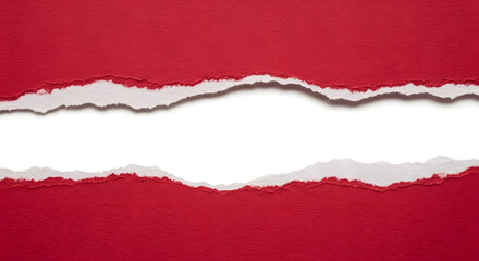 Red torn paper with a white background, creating a striking contrast and a sense of texture and depth, isolated on white background