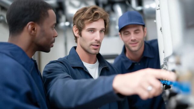Professional plumbers training apprentices on pipe cleaner machines demonstrate skill development, technical education, repair techniques, mentorship, and the transfer of knowledge for efficient