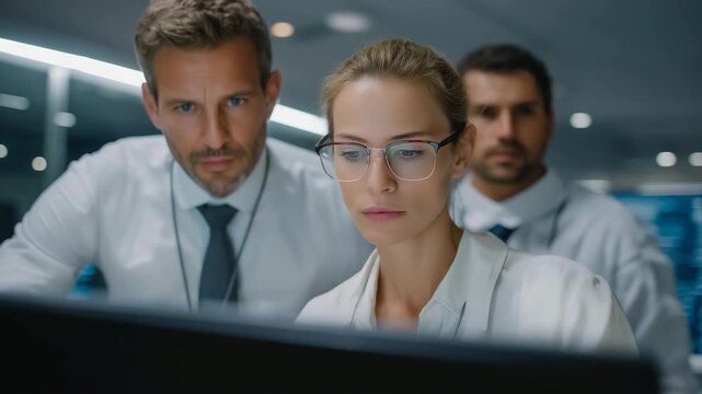 Security professionals testing communication protocol on encrypted devices, symbolizing safety, cyber resilience, and protective measures within modern digital infrastructures. three-quarter wide