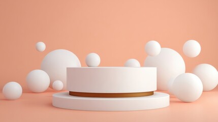Abstract composition featuring a central white cylindrical podium on a raised platform with numerous varying sized spher