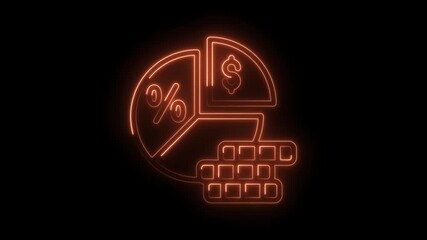 Neon financial analysis glowing pie chart with percentage dollar symbol and calculator keyboard