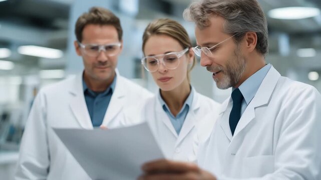 Team of scientists in modern laboratory reviewing detailed safety protocol before experiment, symbolizing precision, responsibility, and compliance with international research standards in clinical