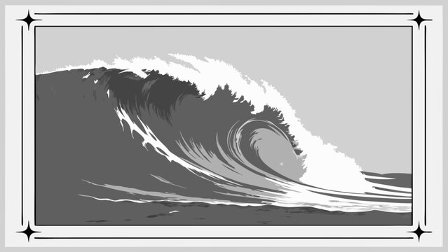 Ocean Wave Abstract Grayscale Art Monochrome Water Design Framed Sea Image Coastal Illustration Stylized Surf Graphic Powerful Wave Crashing Water Texture Grey Scale Wave Dramatic Seascap.