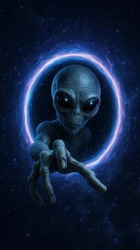 A mysterious alien reaches through a glowing portal in space. The video-like, front-facing angle enhances the sci-fi atmosphere and intrigue. Live mobile wallpaper.