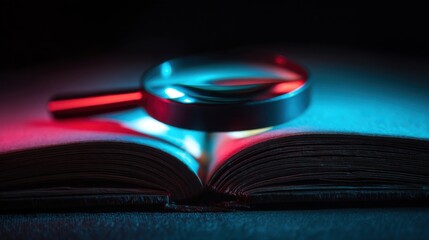 An open book with a magnifying glass resting on its pages under a mix of blue and red lighting,