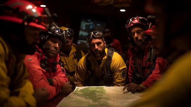 Firefighters strategizing around a map in a dimly lit command center.