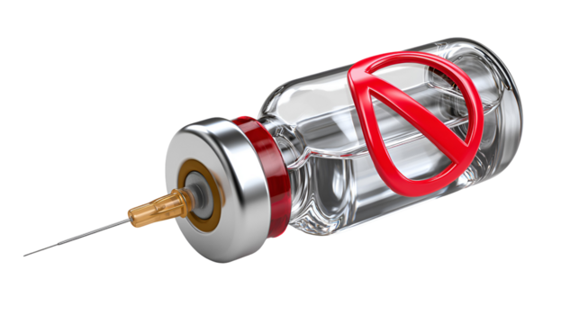 Medical syringe and vial with red cross symbol isolated on transparent background