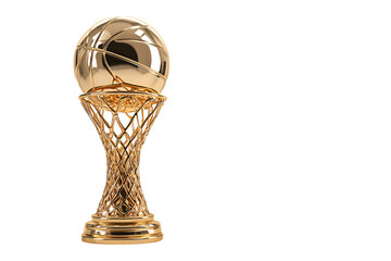 Golden basketball trophy with net stand isolated on transparent background