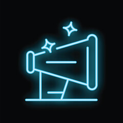 Bright blue neon sign of a megaphone is glowing on a black background