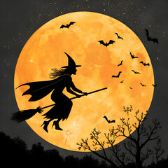 Halloween witch flying on broomstick silhouette against full moon bats and spooky trees scene illustration