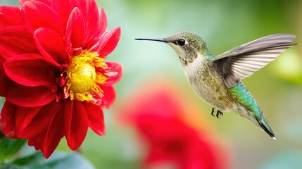Fototapeta premium hummingbird. A hummingbird hovers near a red flower, its wings moving fast against a green background. wildlife magazines, conservation campaigns, designed for nature documentaries and education.