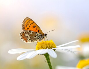 Obraz premium Colorful butterfly perched on a daisy, bathed in soft sunlight