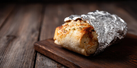 Savory foil wrapped burrito, grilled tortilla, rustic wood, warm lunch comfort