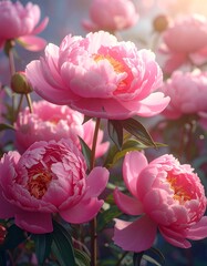 Lush pink peony blooms in sunlight