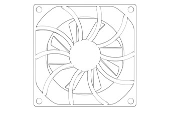 Fototapeta premium Electronic Component Blueprint: Isometric Vector Wireframe of an Axial Flow Computer Cooling Fan. Technical Schematic Diagram for hardware design, IT infrastructure, and mechanical device prototypes.
